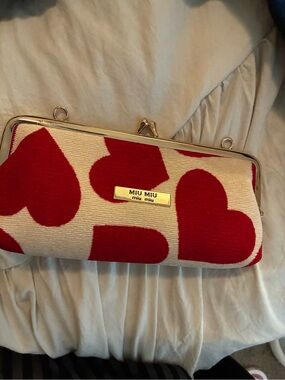 Miu Miu Cream Canvas Clutch with Red Heart Motif